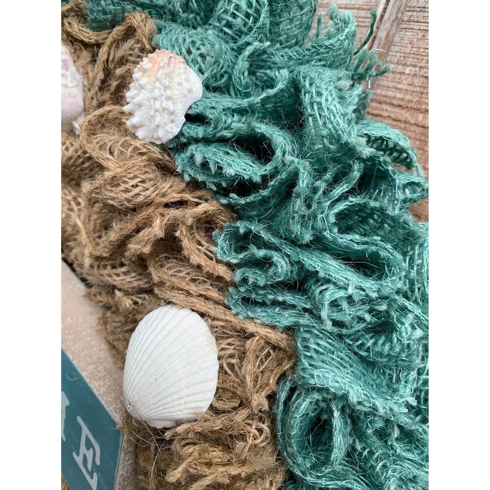 Beachy Coastal WELCOME Wreath Ruffle Aqua/Natural Bulap & Seashells Handmade New